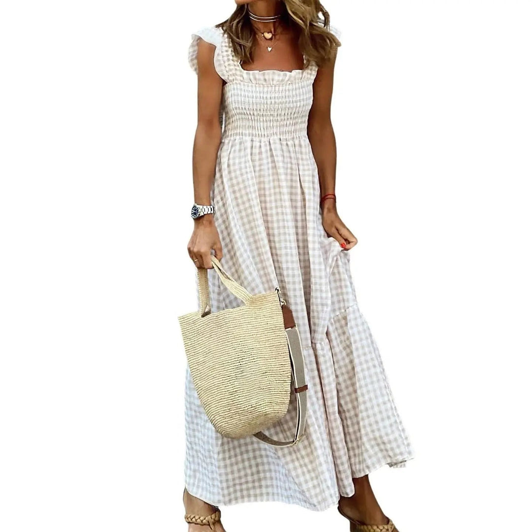 Joyce | Retro Checked Smocked Midi Dress - Khaki