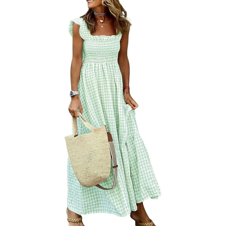 Joyce | Retro Checked Smocked Midi Dress - Green