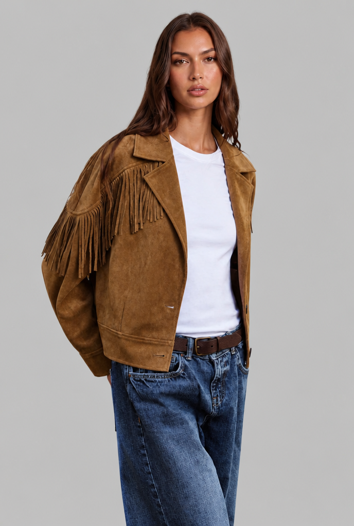 Cropped Suede-Look Fringe Jacket with Boxy Fit