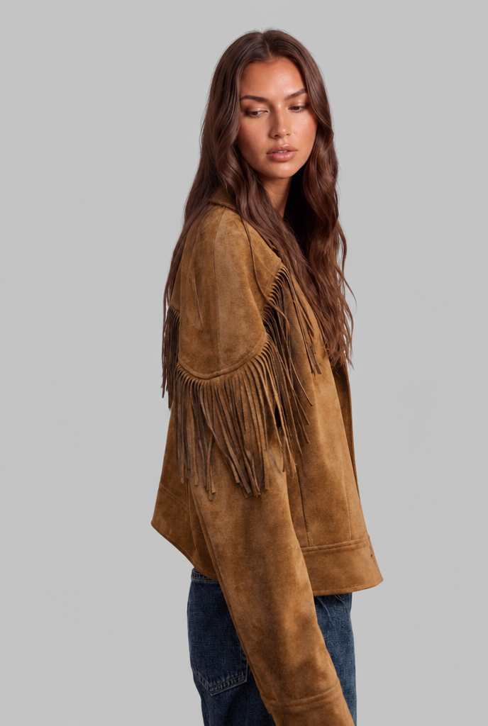 Cropped Suede-Look Fringe Jacket with Boxy Fit