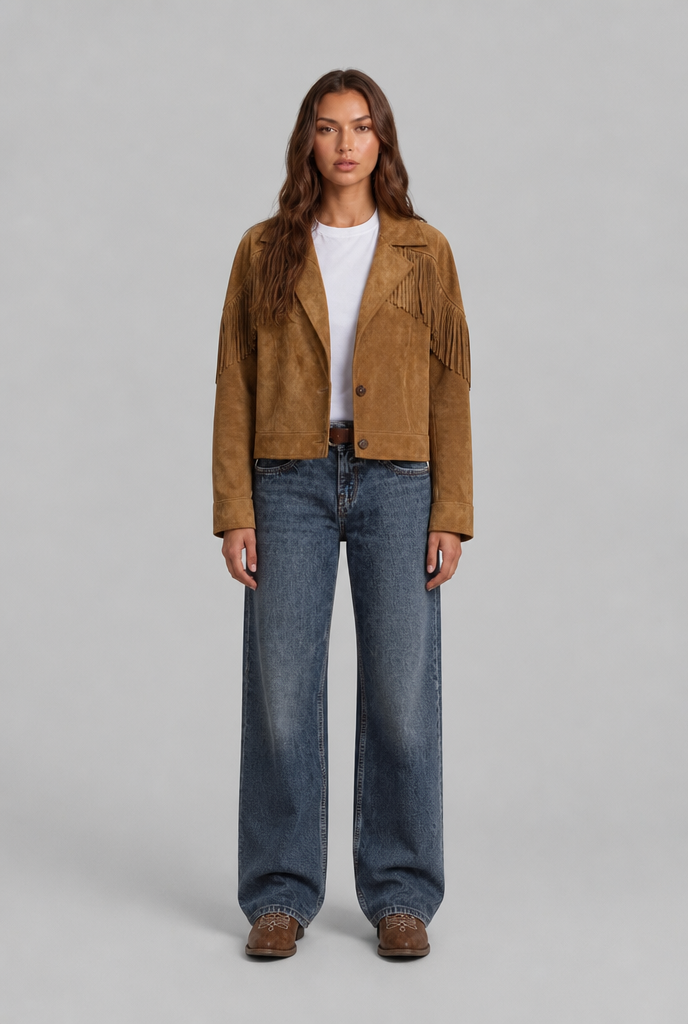 Cropped Suede-Look Fringe Jacket with Boxy Fit