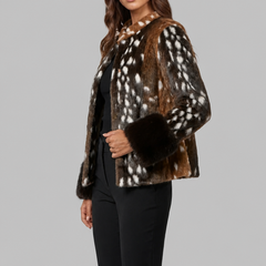 Tailored Deer Print Plush Jacket with Contrast Cuffs