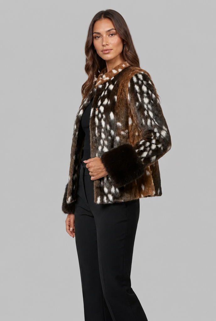 Tailored Deer Print Plush Jacket with Contrast Cuffs