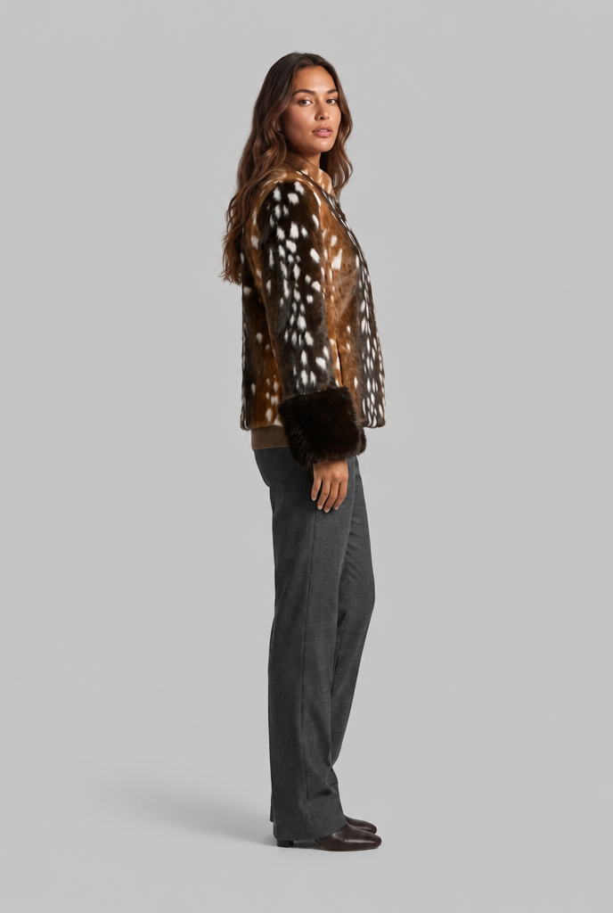 Tailored Deer Print Plush Jacket with Contrast Cuffs