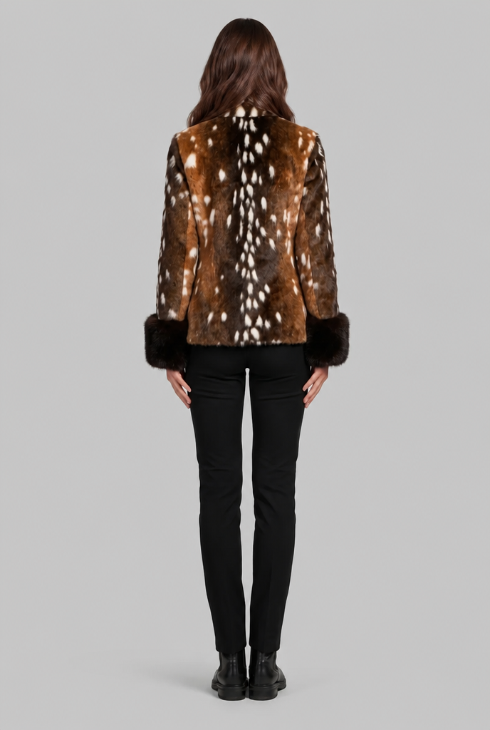Tailored Deer Print Plush Jacket with Contrast Cuffs