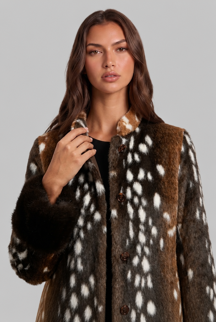 Tailored Deer Print Plush Jacket with Contrast Cuffs