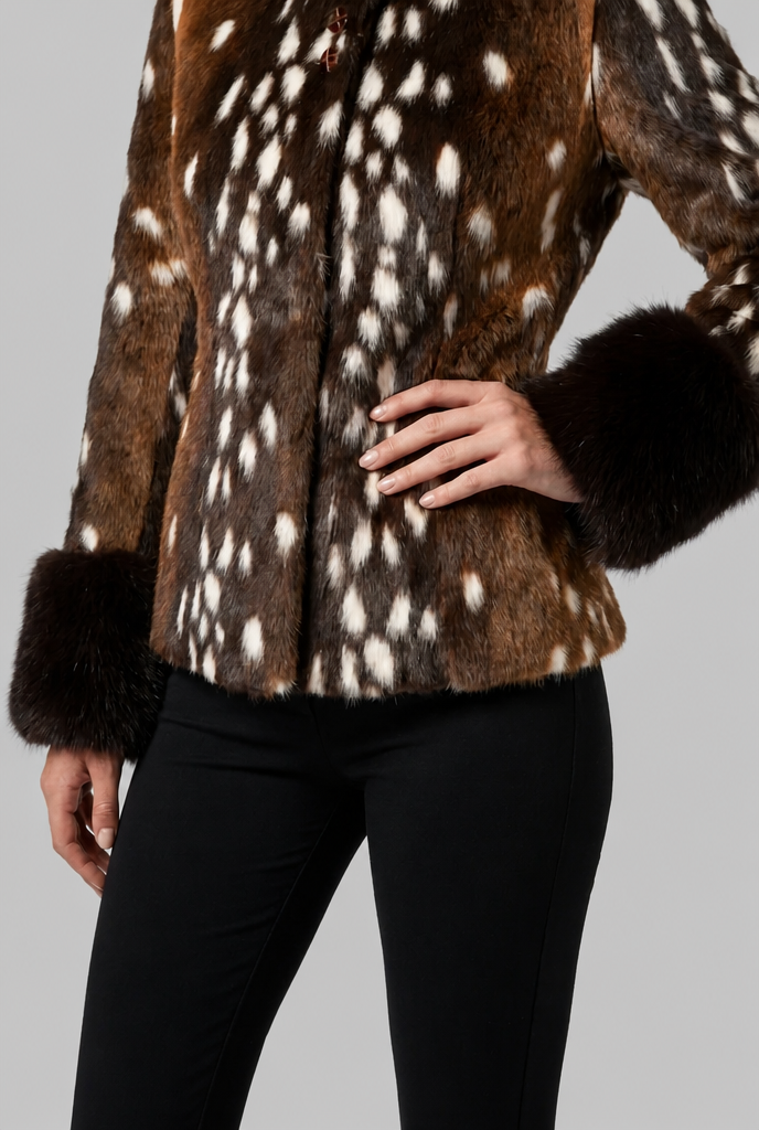 Tailored Deer Print Plush Jacket with Contrast Cuffs