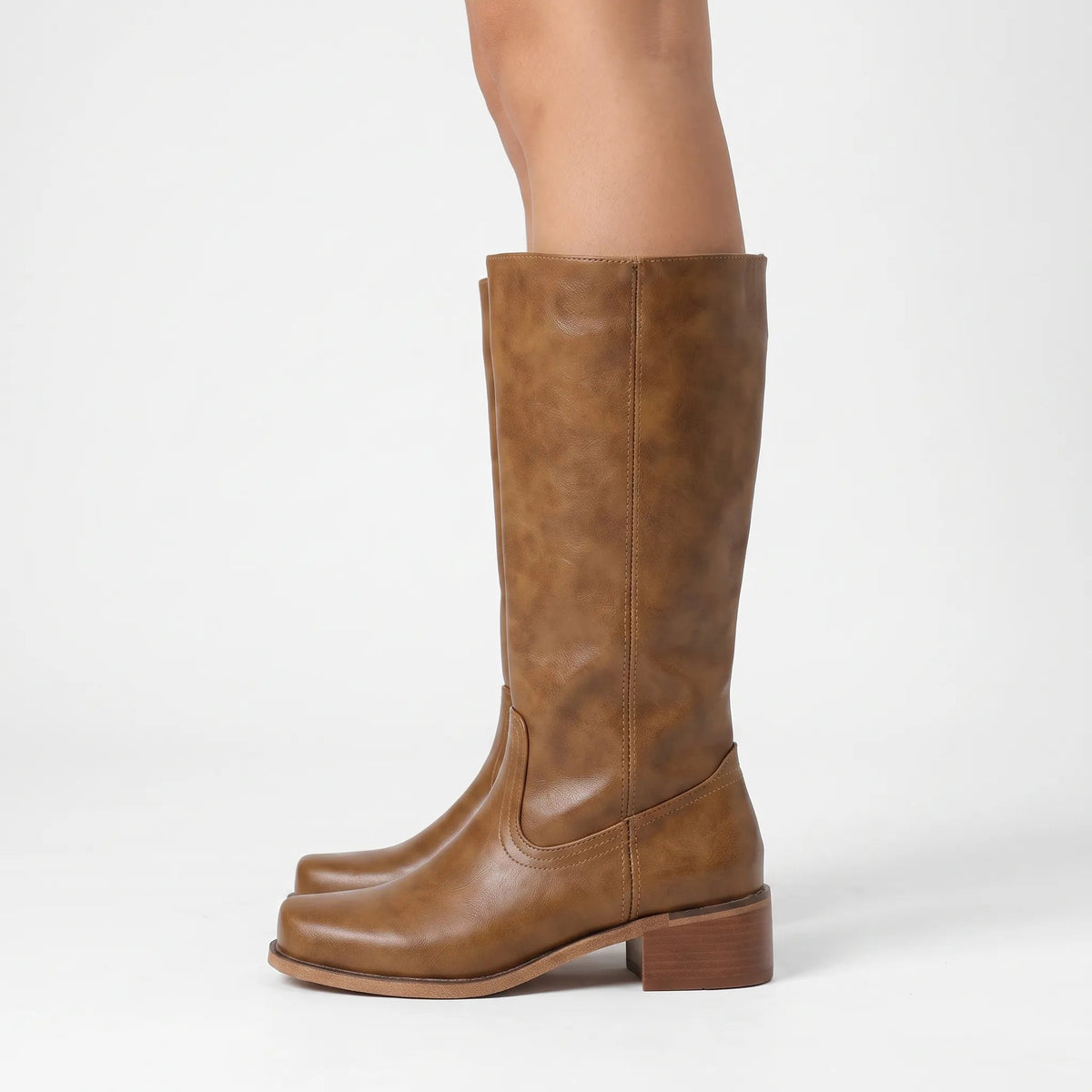 Tan Knee High Boots With Block Heel