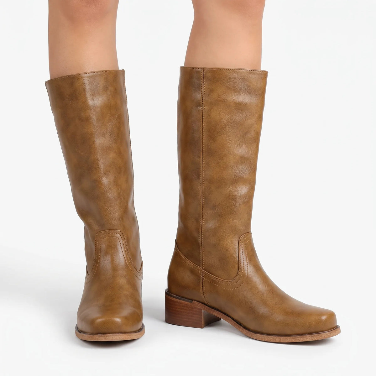 Tan Knee High Boots With Block Heel