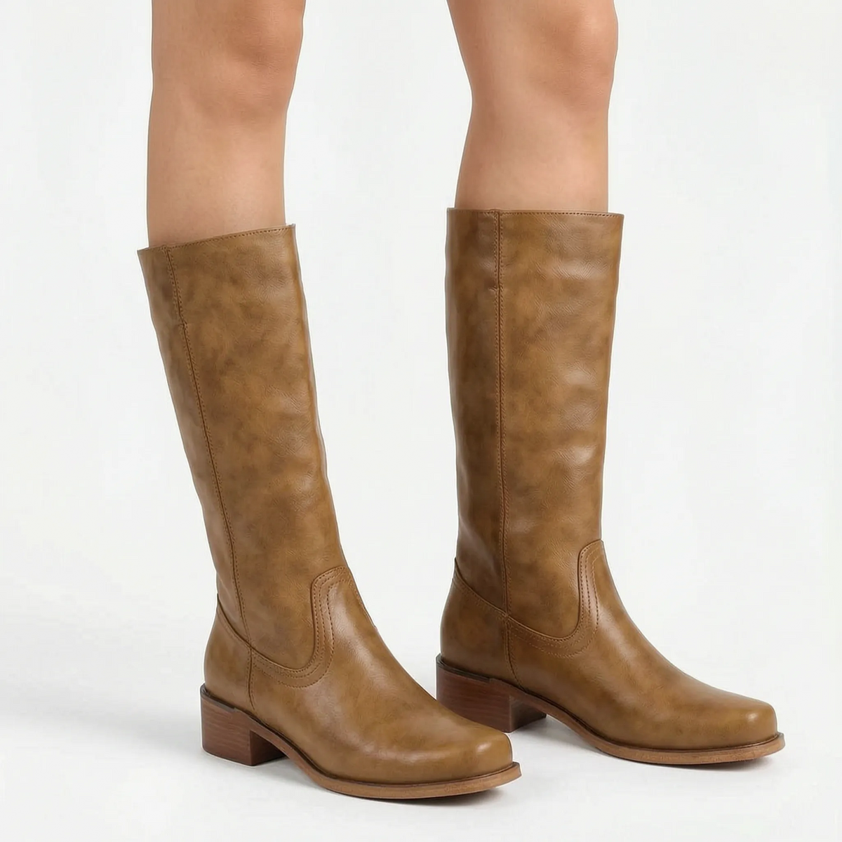 Tan Knee High Boots With Block Heel