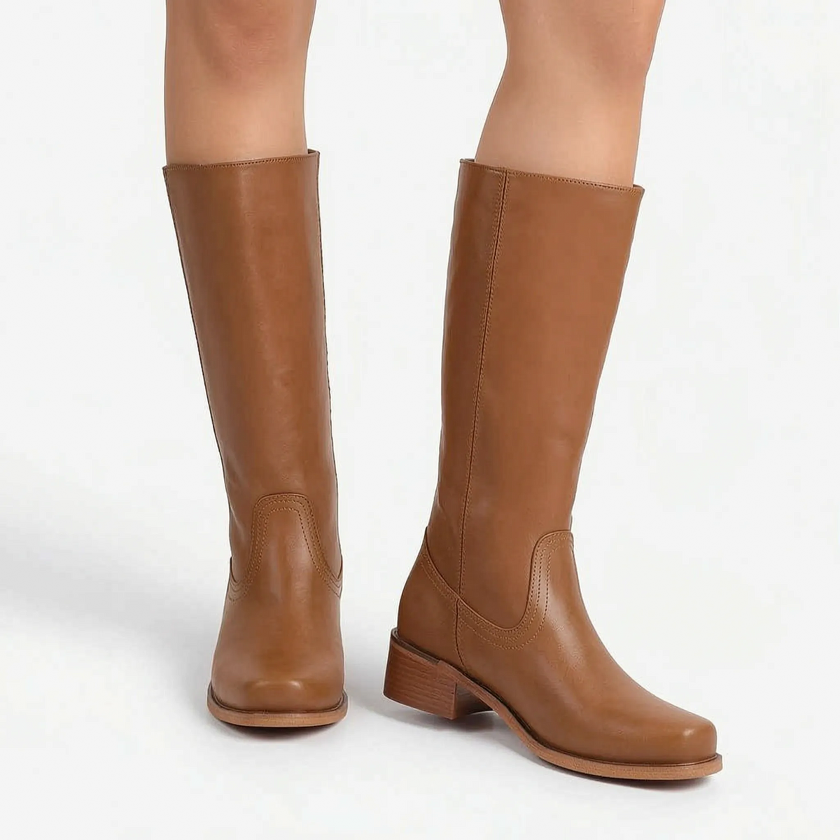 Tan Knee High Boots With Block Heel