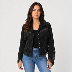Cropped Western Fringe Jacket with Notched Lapels
