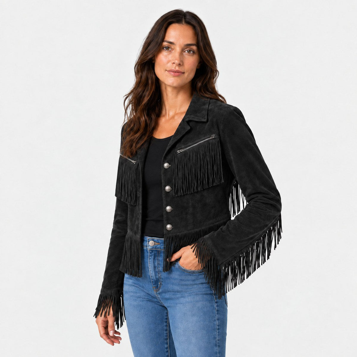 Cropped Western Fringe Jacket with Notched Lapels