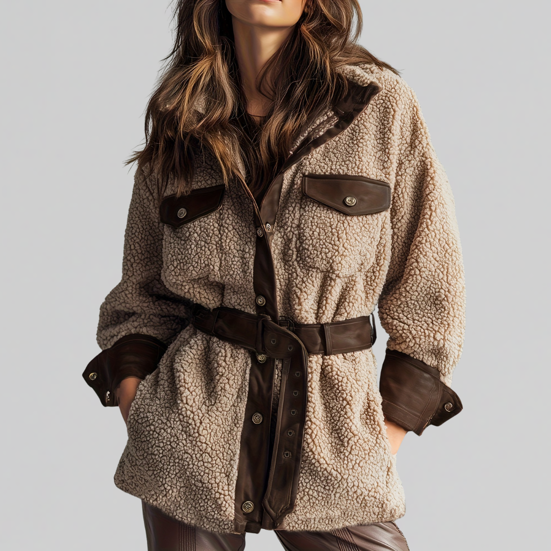 Belted Teddy Utility Coat with Contrast Trim