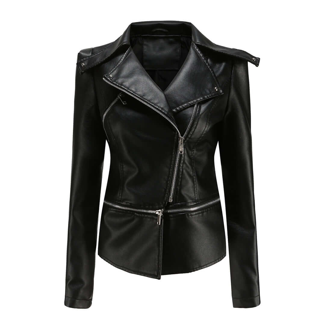Women's Chic Leather Jacket with Double Zip Detail