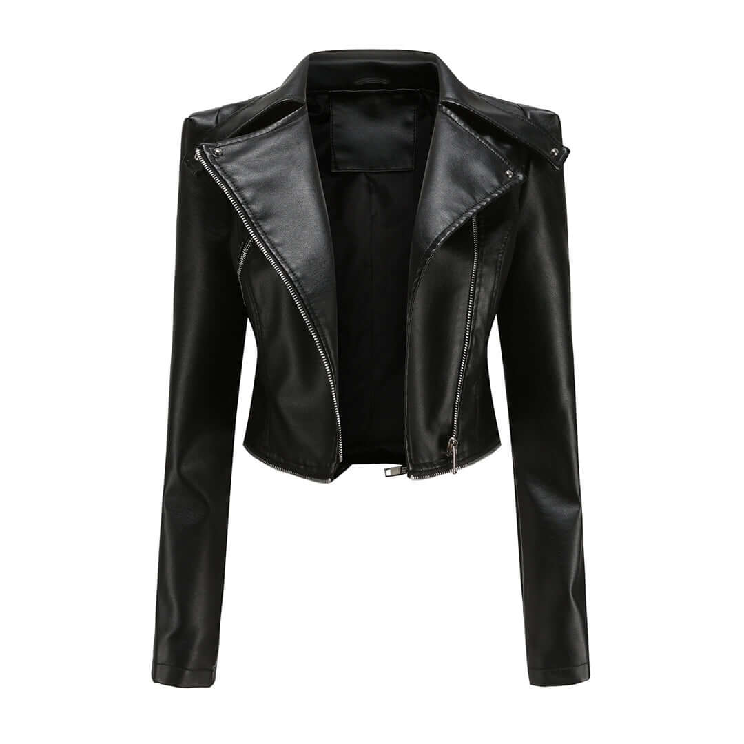 Women's Chic Leather Jacket with Double Zip Detail