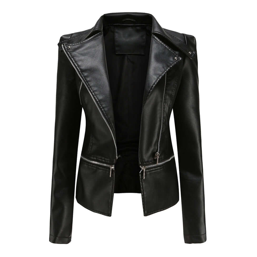 Women's Chic Leather Jacket with Double Zip Detail