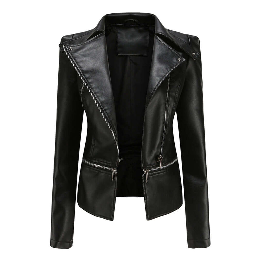 Women's Chic Leather Jacket with Double Zip Detail