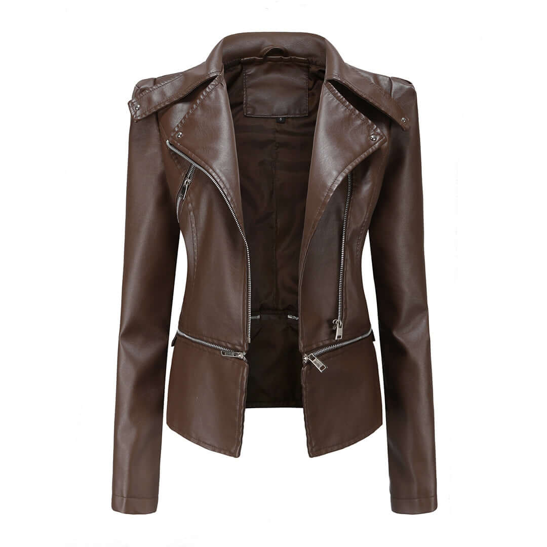 Women's Chic Leather Jacket with Double Zip Detail