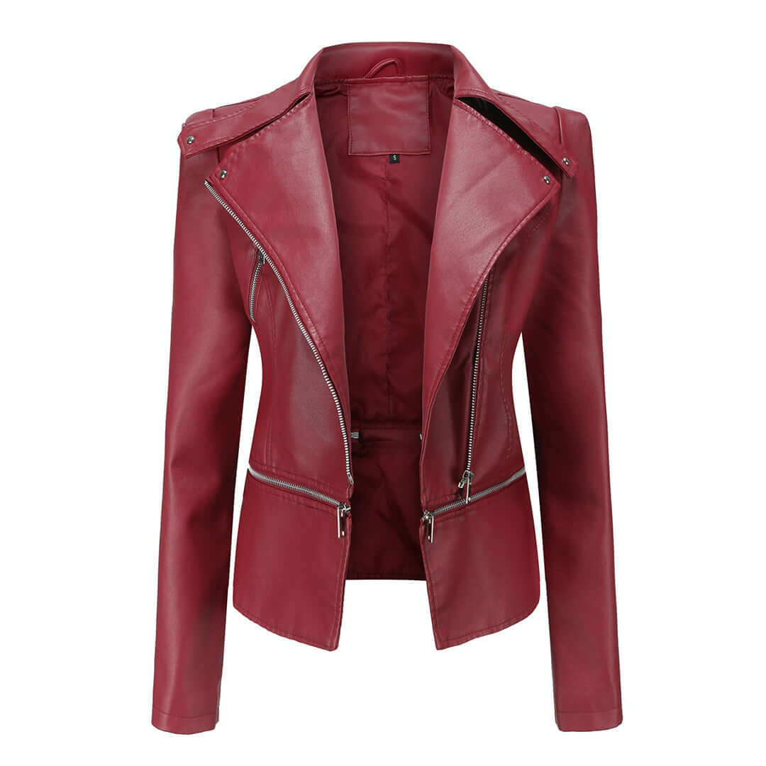 Women's Chic Leather Jacket with Double Zip Detail