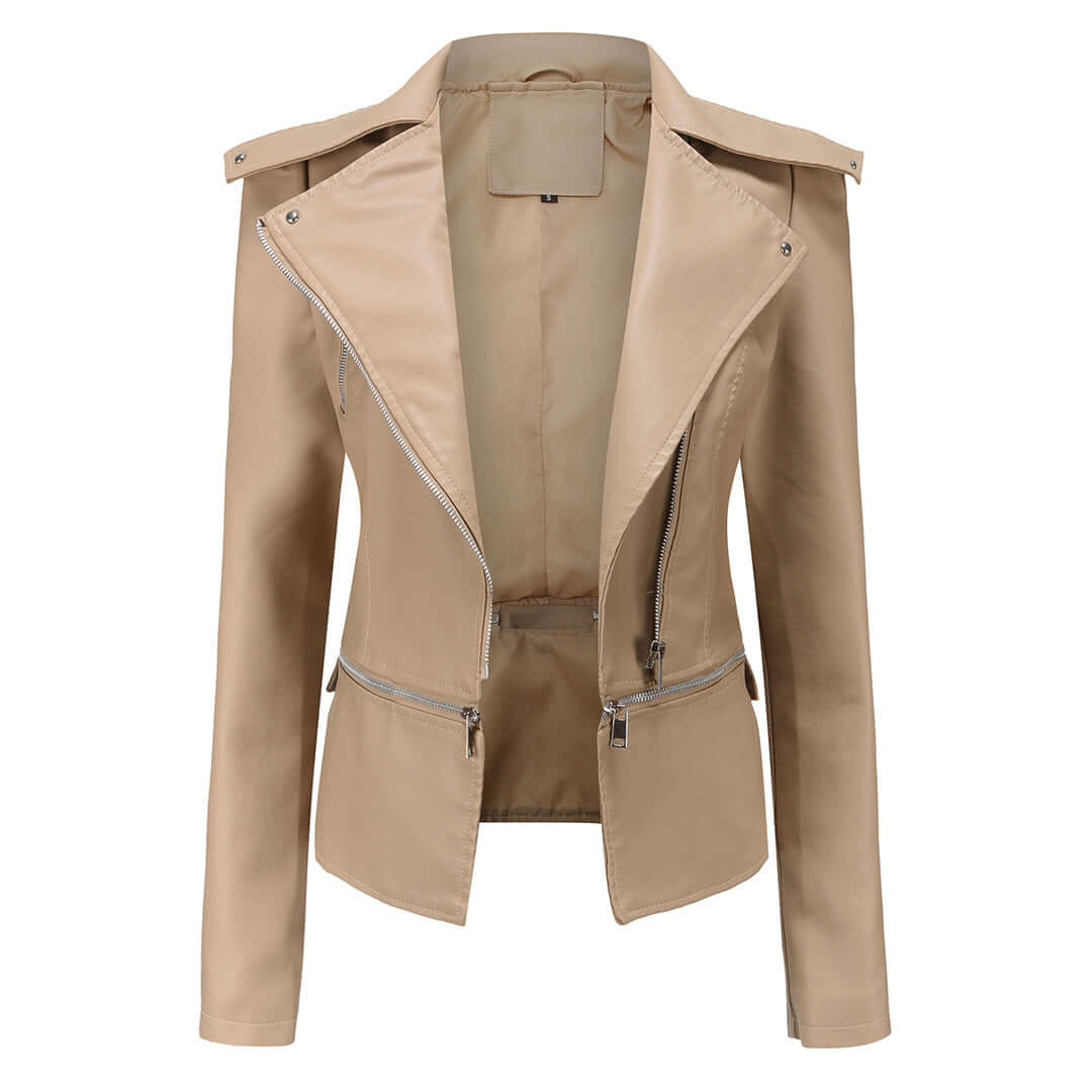 Women's Chic Leather Jacket with Double Zip Detail