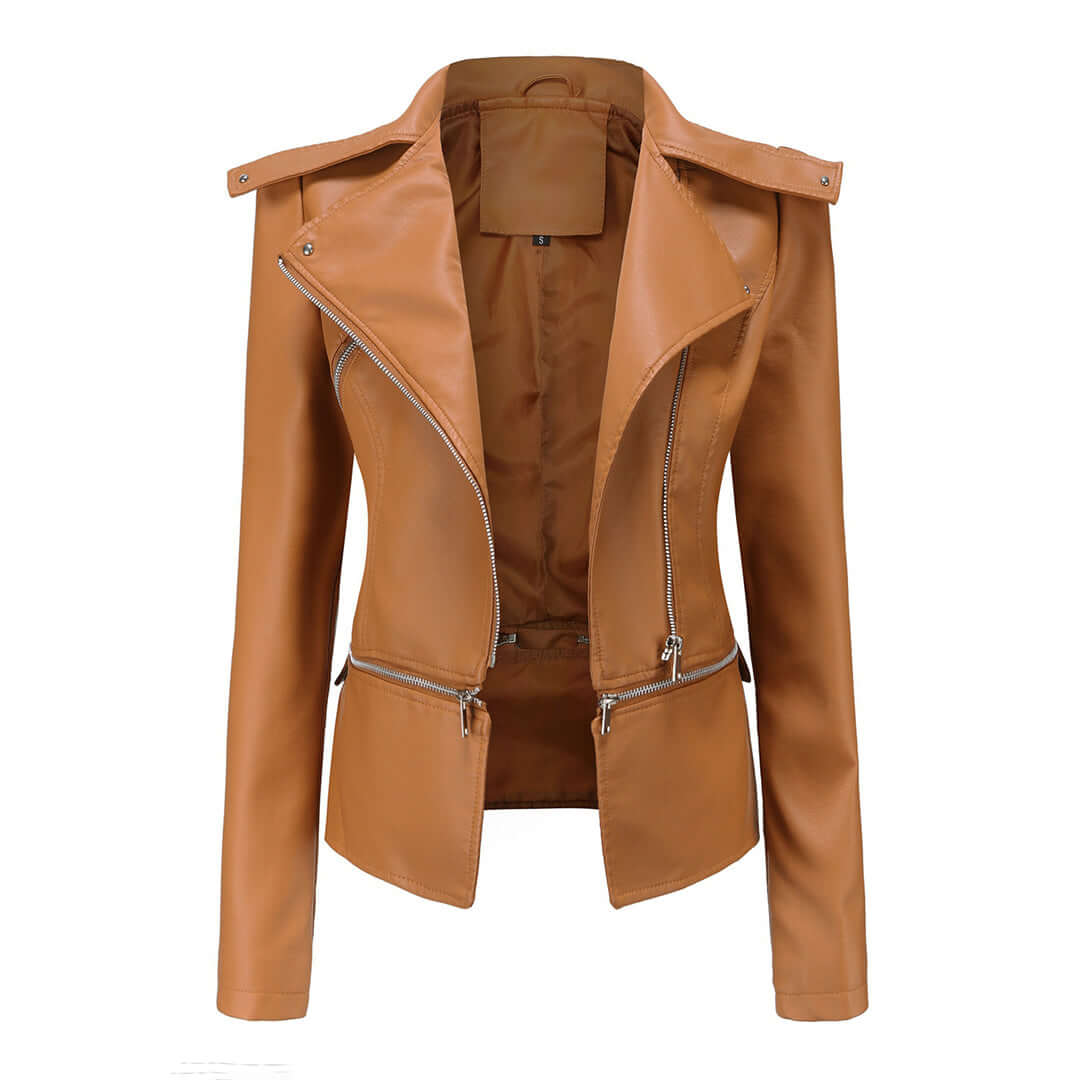 Women's Chic Leather Jacket with Double Zip Detail