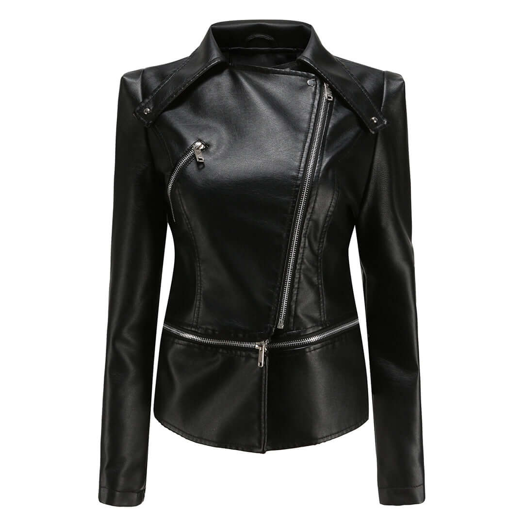Women's Chic Leather Jacket with Double Zip Detail