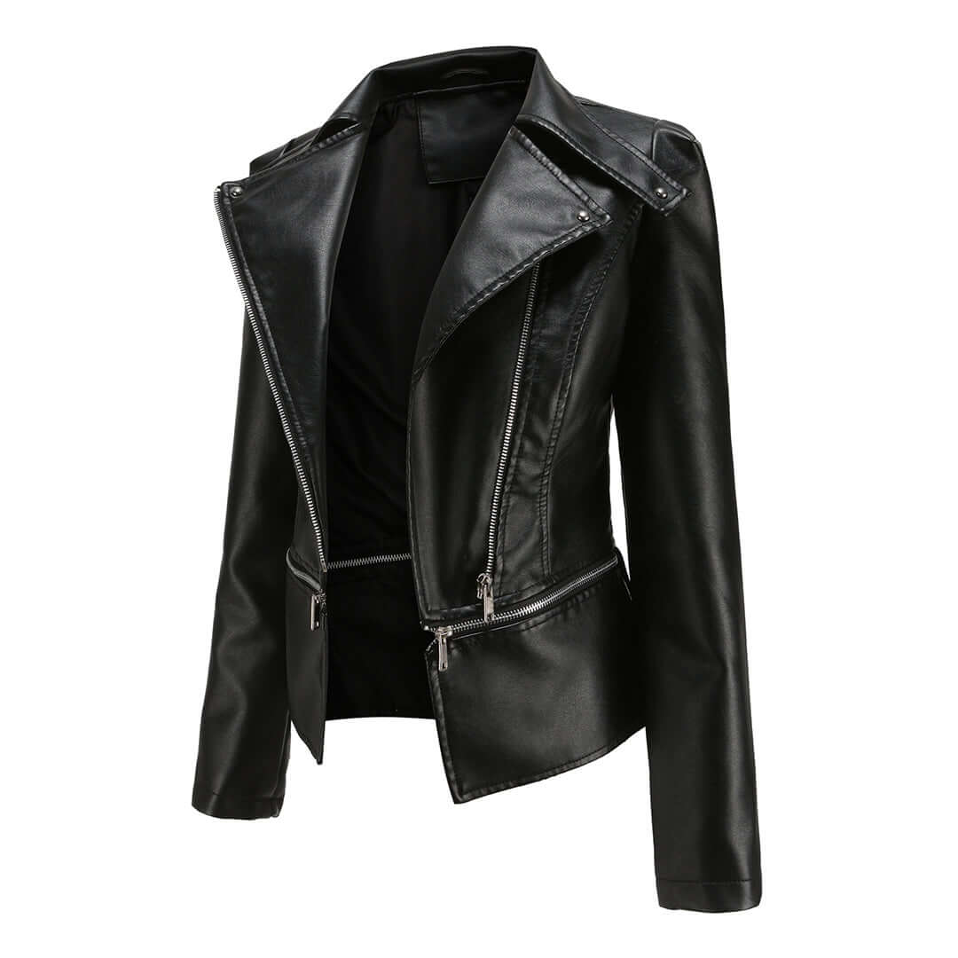 Women's Chic Leather Jacket with Double Zip Detail